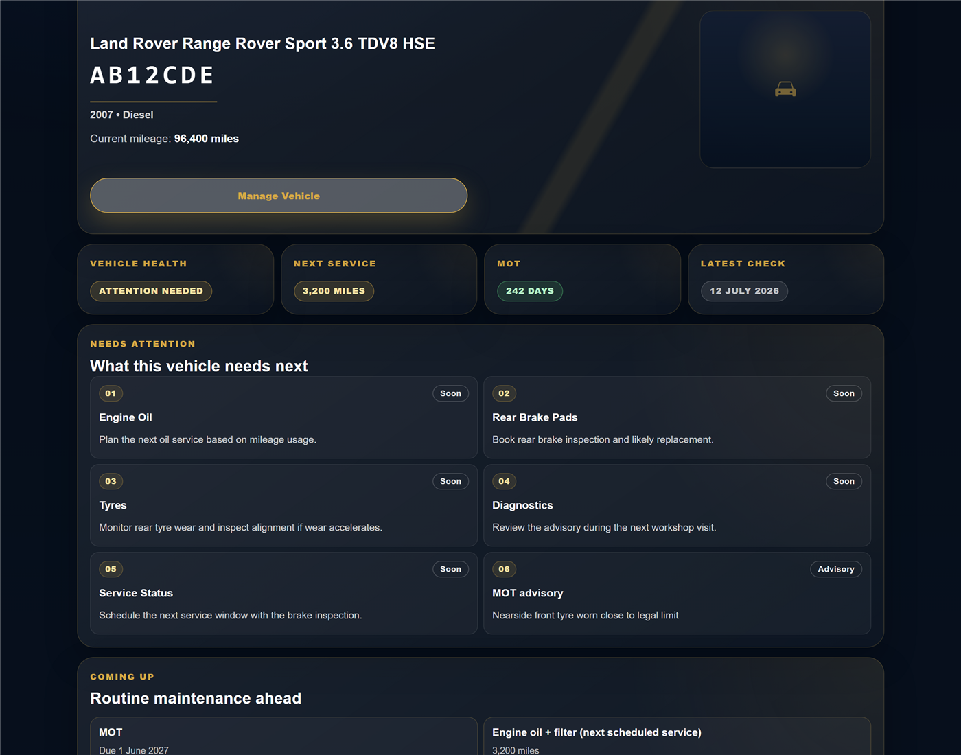 A real LOS-powered customer dashboard, showing a vehicle profile, health status, next service and MOT summary cards, and a needs-attention list.