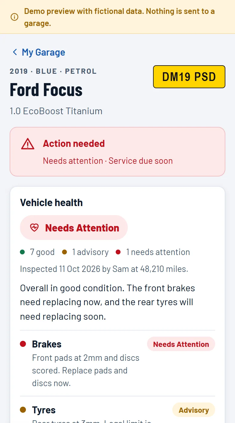 The PitstopDash alpha on a phone, showing a vehicle health report with brakes that need attention and a tyre advisory.