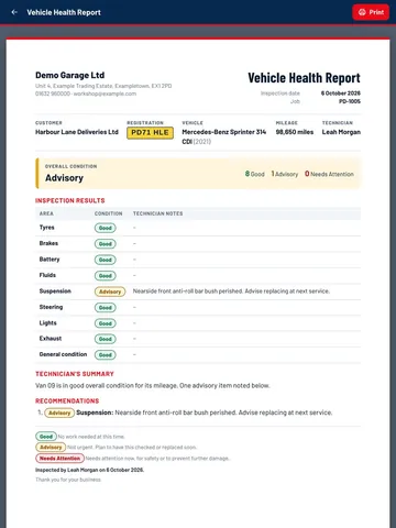 A PaddockDesk vehicle health report, with an overall condition and results for each inspected area.